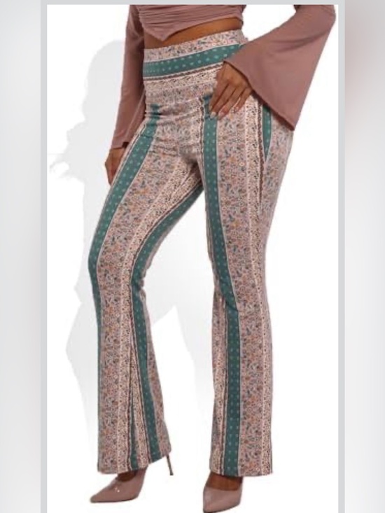shosho Pants - shosho Teal and Beige Striped Floral Flare Pants